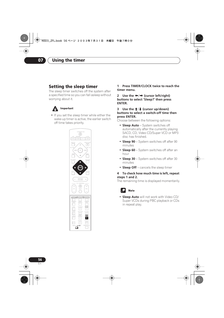 Setting the sleep timer, Using the timer 07, Choose between the following options | Sleep auto, Sleep 90, System switches off after 90 minutes, Sleep 60, System switches off after an hour, Sleep 30, System switches off after 30 minutes | Pioneer S-DV900ST User Manual | Page 56 / 192