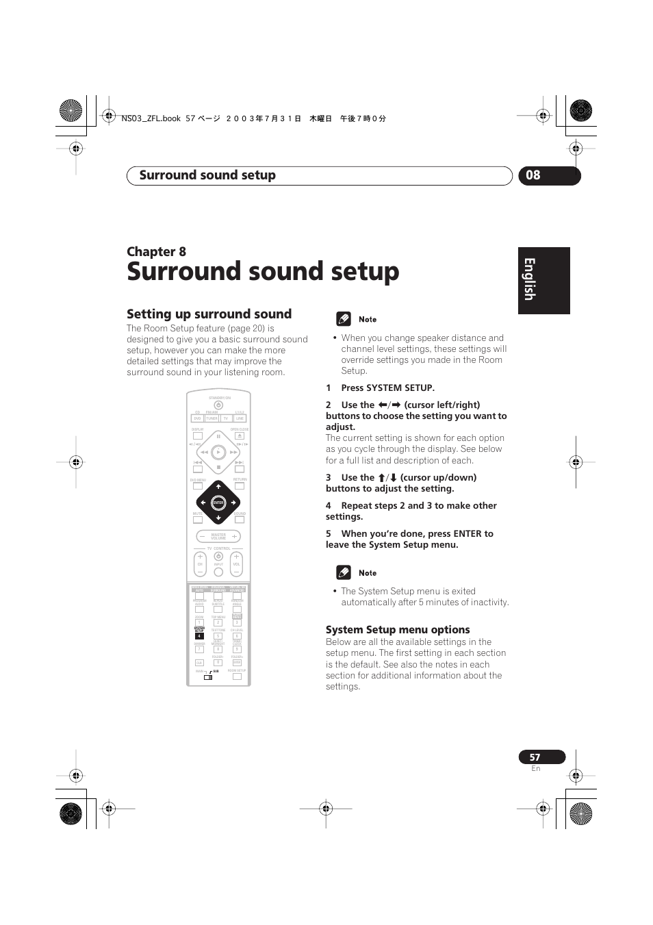 08 surround sound setup, Setting up surround sound, System setup menu options | Surround sound setup, English italiano français, Nederlands, Español deutsch, Surround sound setup 08, Chapter 8 | Pioneer S-DV900ST User Manual | Page 57 / 192