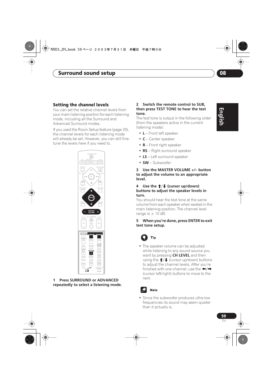 Setting the channel levels, English italiano français, Nederlands | Español deutsch, Surround sound setup 08 | Pioneer S-DV900ST User Manual | Page 59 / 192