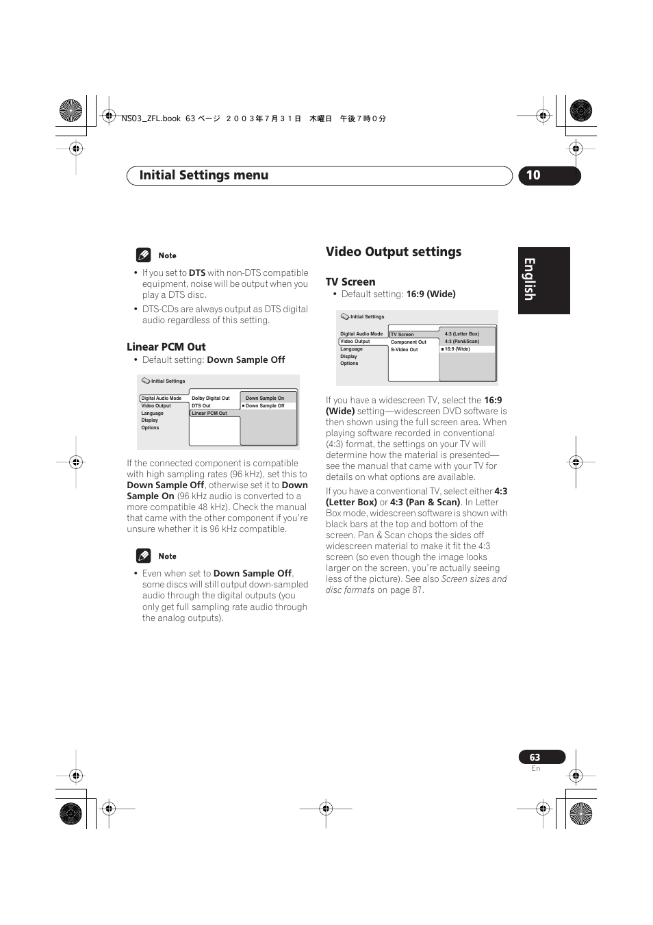 Linear pcm out, Video output settings, Tv screen | English italiano français, Nederlands, Español deutsch, Initial settings menu 10 | Pioneer S-DV900ST User Manual | Page 63 / 192