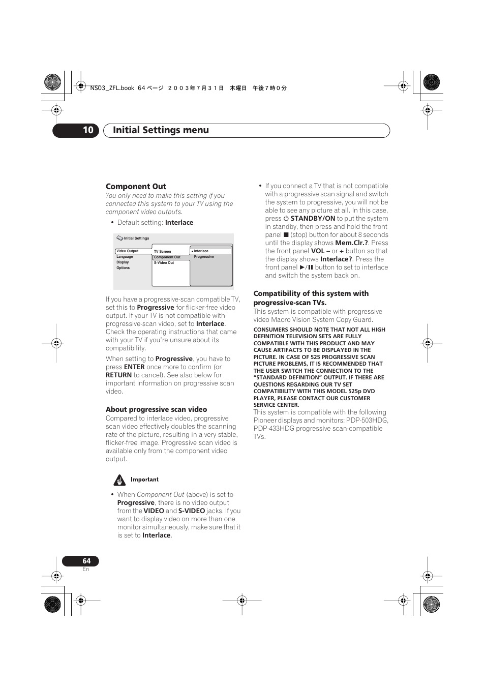 Component out, Initial settings menu 10 | Pioneer S-DV900ST User Manual | Page 64 / 192