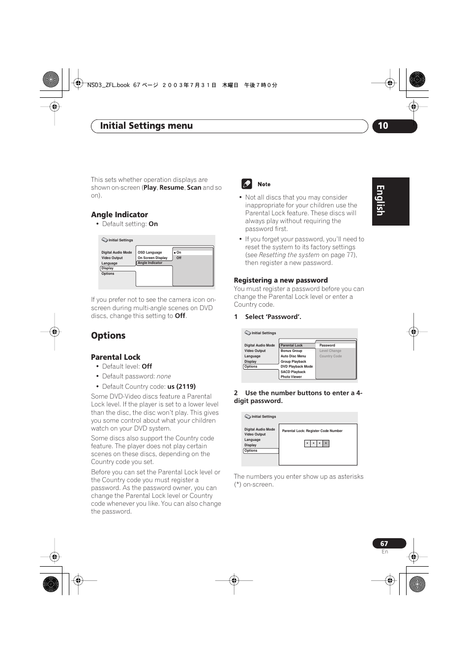 Angle indicator, Options, Parental lock | English italiano français, Nederlands, Español deutsch, Initial settings menu 10 | Pioneer S-DV900ST User Manual | Page 67 / 192