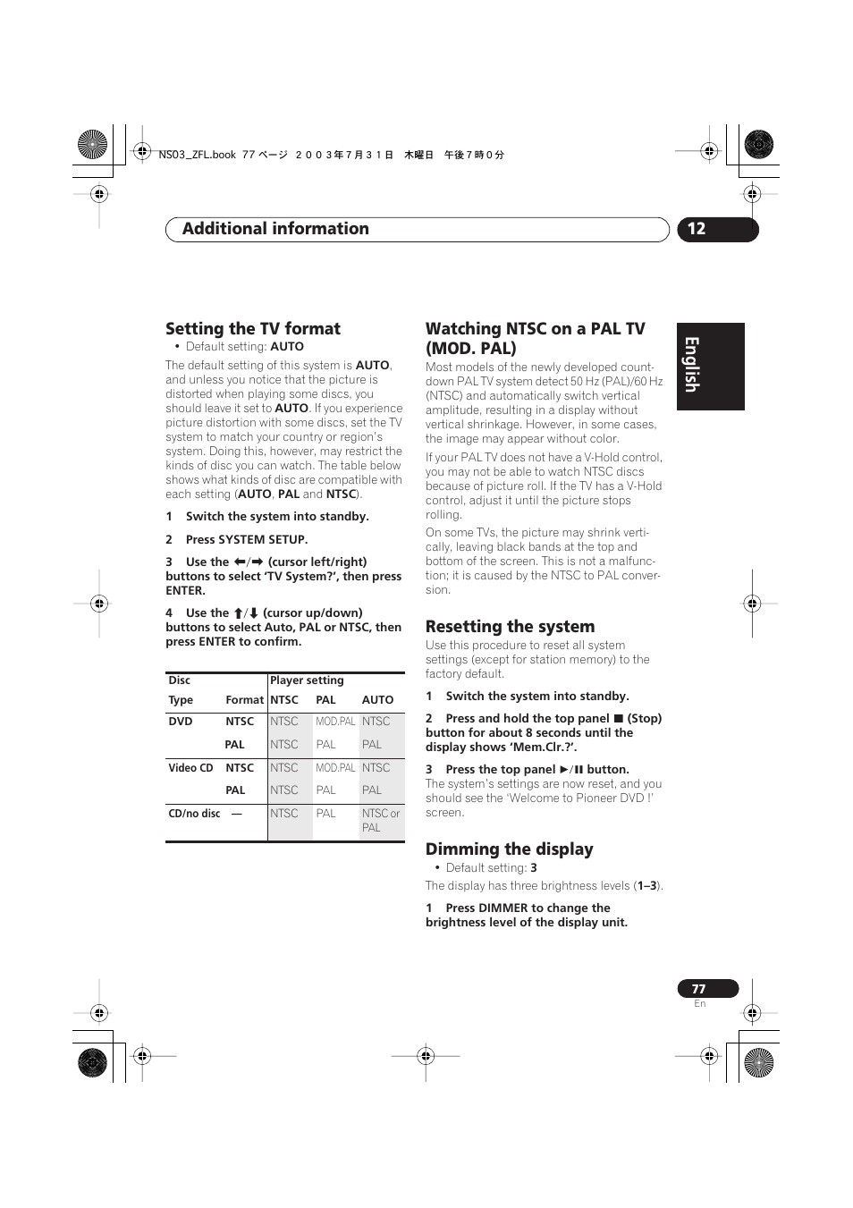 Setting the tv format, Watching ntsc on a pal tv (mod. pal), Resetting the system | Dimming the display, English italiano français, Nederlands, Español deutsch, Additional information 12 | Pioneer S-DV900ST User Manual | Page 77 / 192