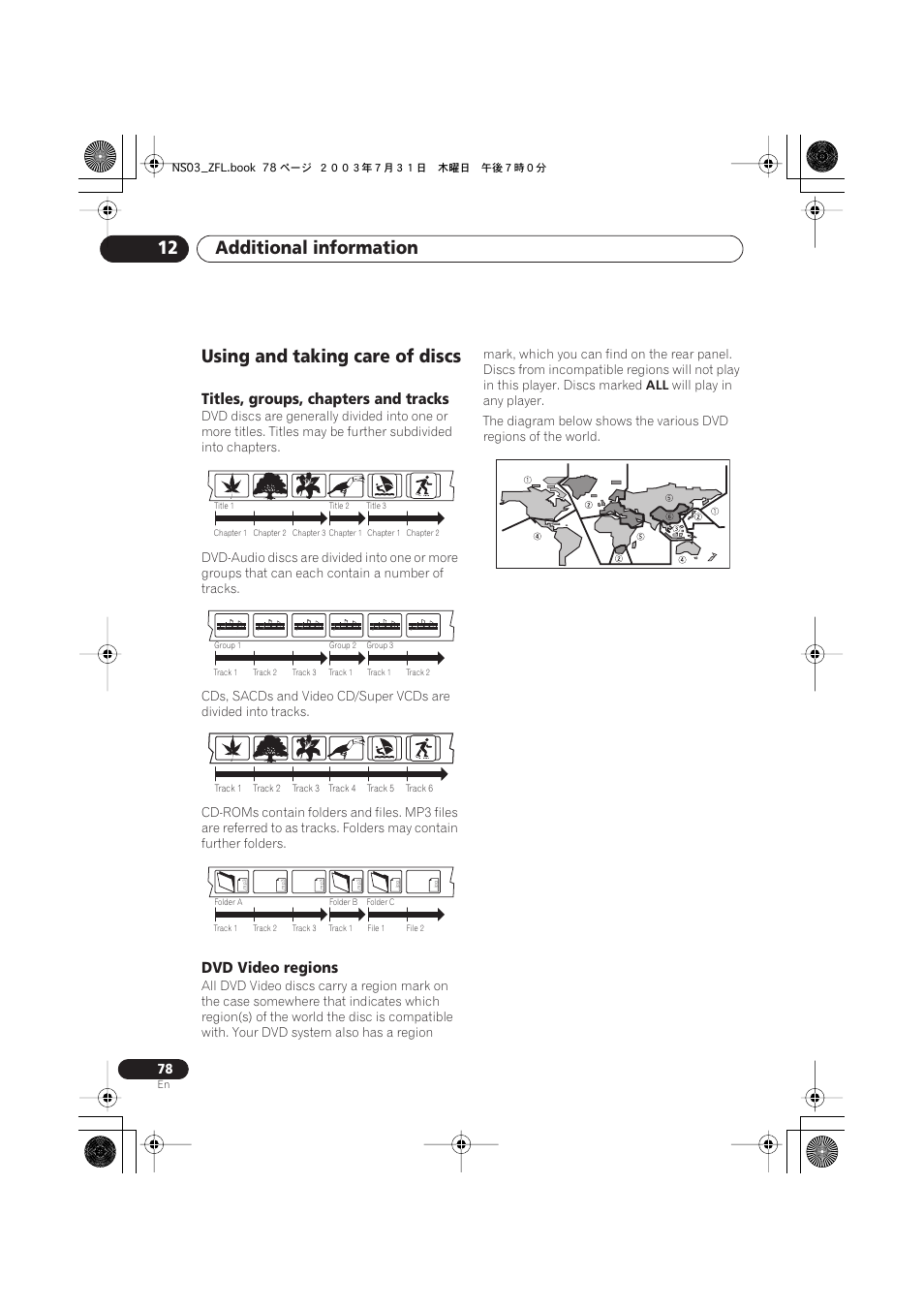 Using and taking care of discs, Titles, groups, chapters and tracks, Dvd video regions | Additional information 12 | Pioneer S-DV900ST User Manual | Page 78 / 192