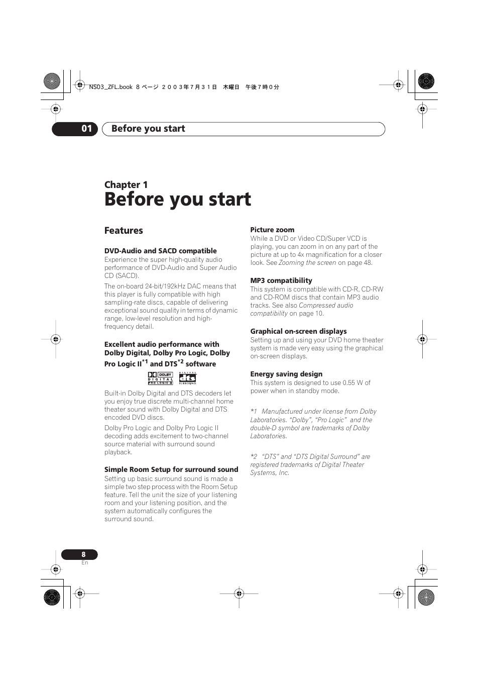 01 before you start, Features, Before you start | Before you start 01, Chapter 1 | Pioneer S-DV900ST User Manual | Page 8 / 192