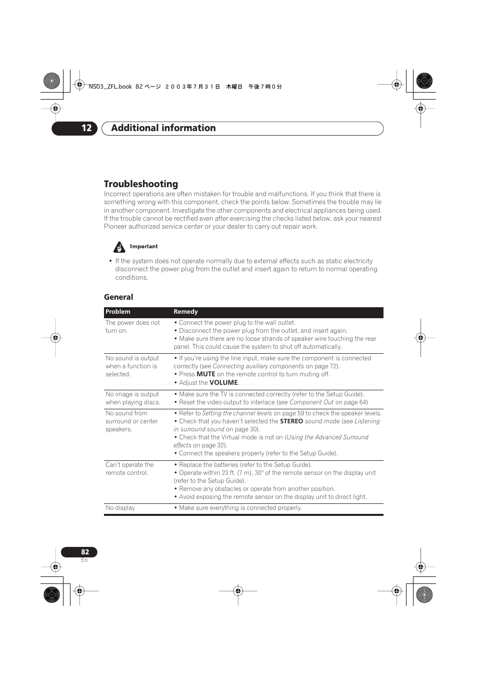 Troubleshooting, General, Additional information 12 | Pioneer S-DV900ST User Manual | Page 82 / 192