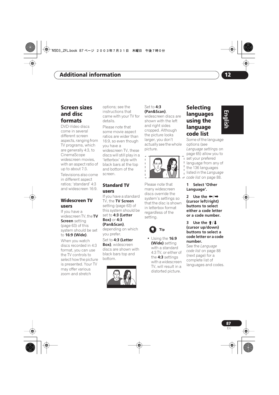 Screen sizes and disc formats, Widescreen tv users, Standard tv users | Selecting languages using the language code list, English italiano français, Nederlands, Español deutsch, Additional information 12 | Pioneer S-DV900ST User Manual | Page 87 / 192