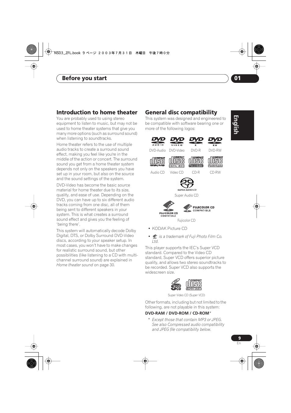 Introduction to home theater, General disc compatibility, English italiano français | Nederlands, Español deutsch, Before you start 01 | Pioneer S-DV900ST User Manual | Page 9 / 192