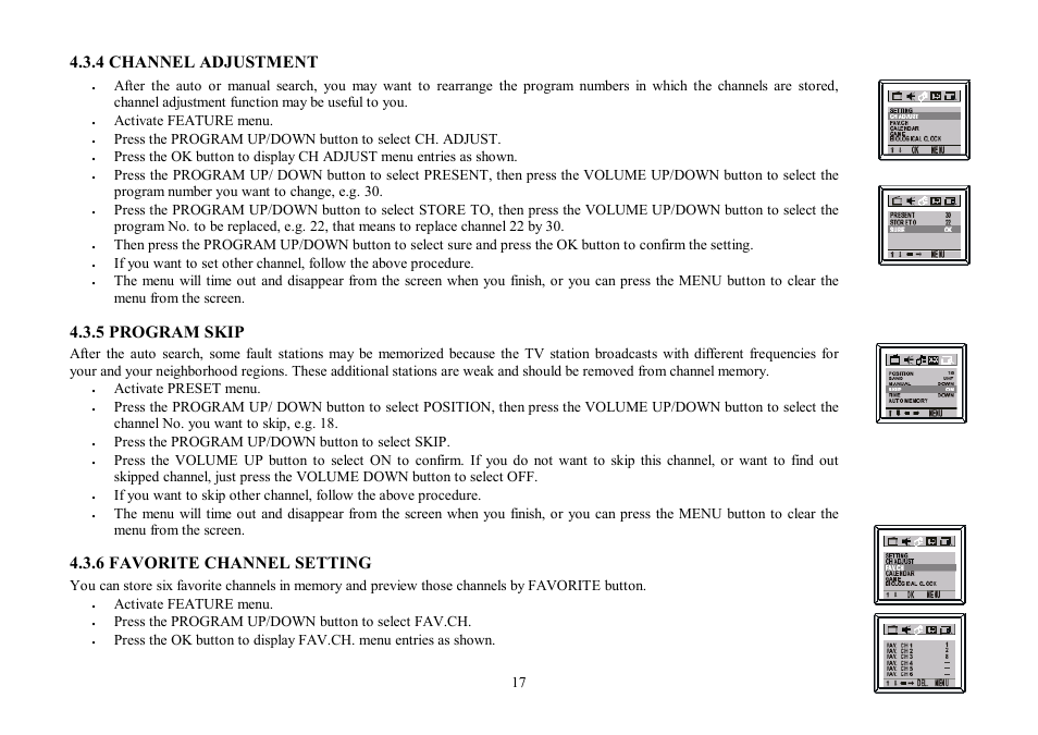 4 channel adjustment, 5 program skip, 6 favorite channel setting | Hyundai H-TV2506PF User Manual | Page 17 / 55