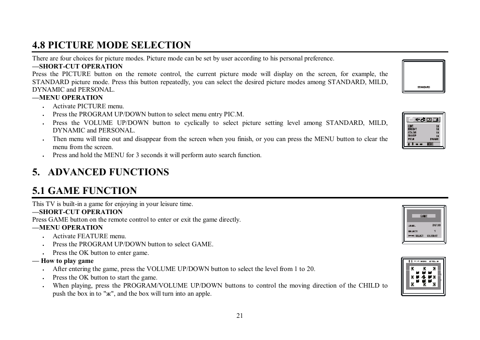 8 picture mode selection, Advanced functions 5.1 game function | Hyundai H-TV2506PF User Manual | Page 21 / 55