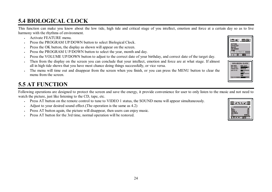 4 biological clock, 5 at function | Hyundai H-TV2506PF User Manual | Page 24 / 55