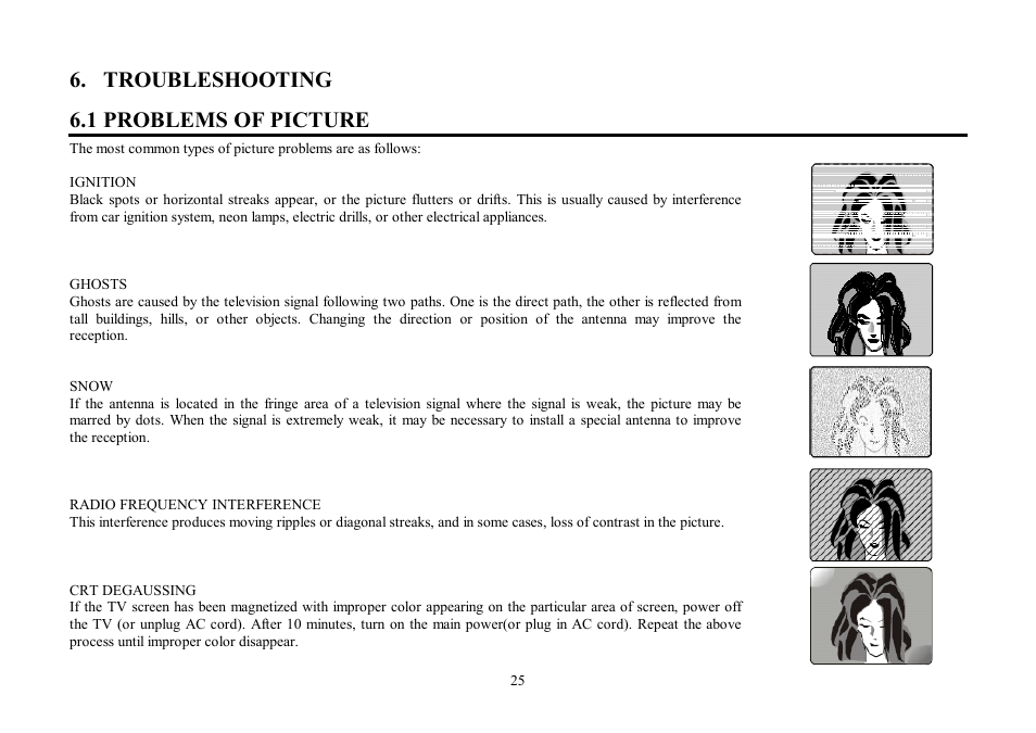 Troubleshooting 6.1 problems of picture | Hyundai H-TV2506PF User Manual | Page 25 / 55