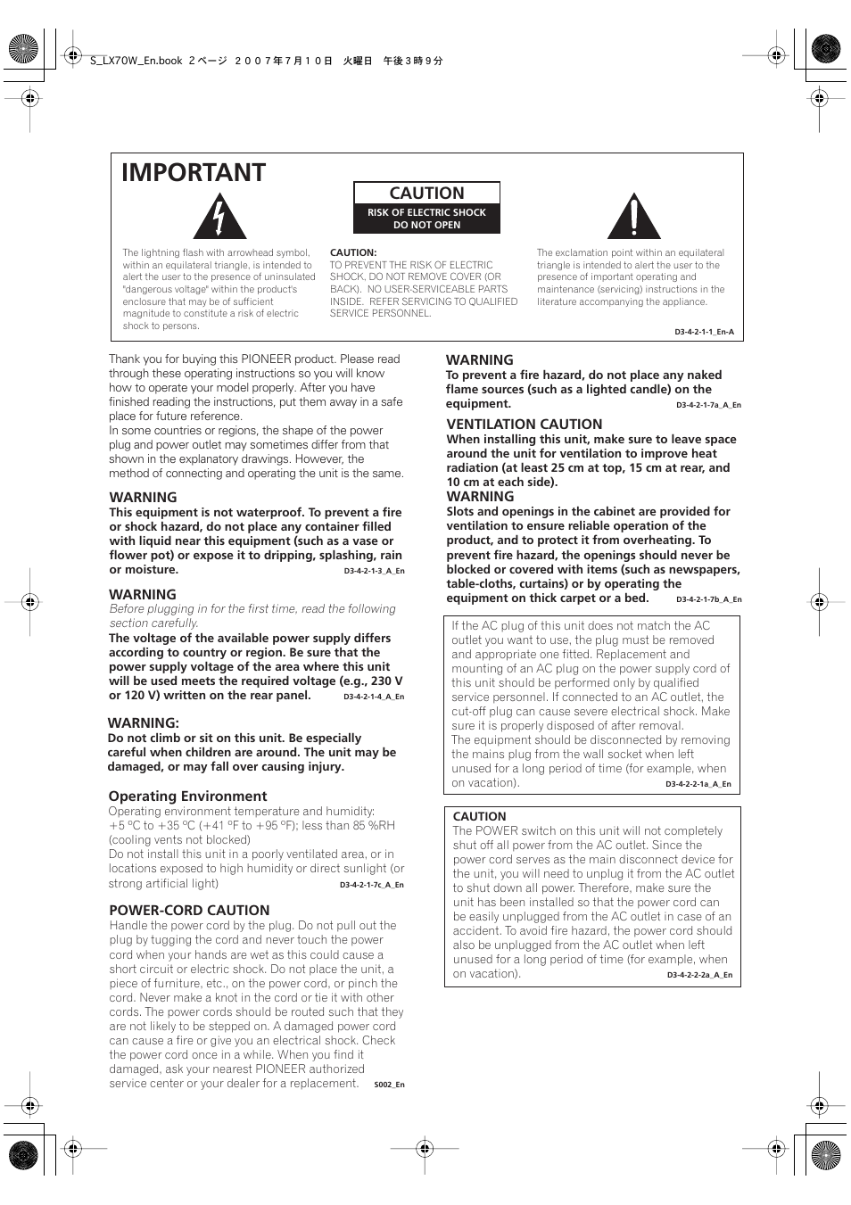 Important, Caution | Pioneer S-LX70W User Manual | Page 2 / 15