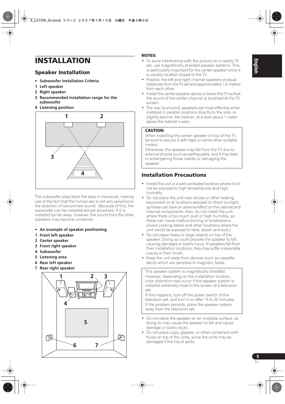 Installation, Speaker installation installation precautions | Pioneer S-LX70W User Manual | Page 5 / 15