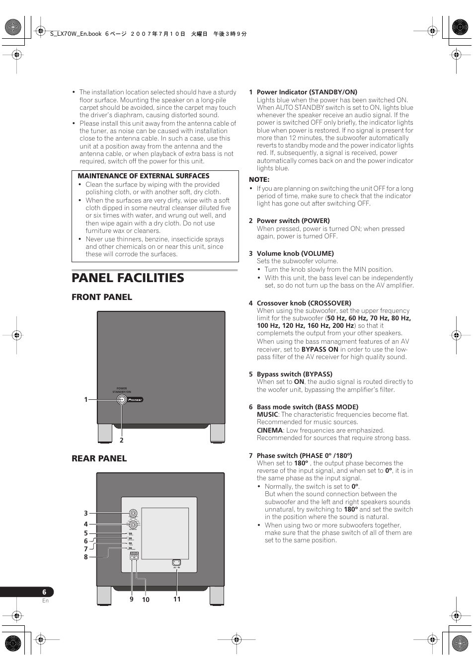 Panel facilities, Front panel rear panel | Pioneer S-LX70W User Manual | Page 6 / 15
