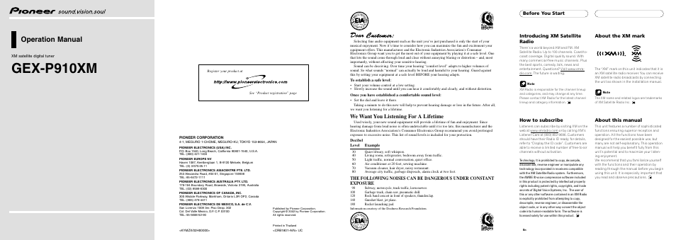 Pioneer XM SATELLITE DIGITAL TUNER GEX-P910XM User Manual | 4 pages