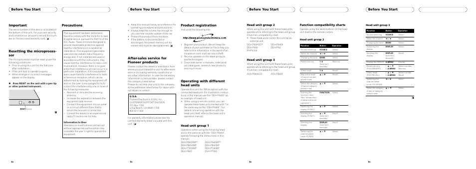 Before you start, After-sales service for pioneer products, Product registration | Operating with different head units, Important, Resetting the microproces- sor, Precautions, Head unit group 2, Head unit group 3, Function compatibility charts | Pioneer XM SATELLITE DIGITAL TUNER GEX-P910XM User Manual | Page 2 / 4