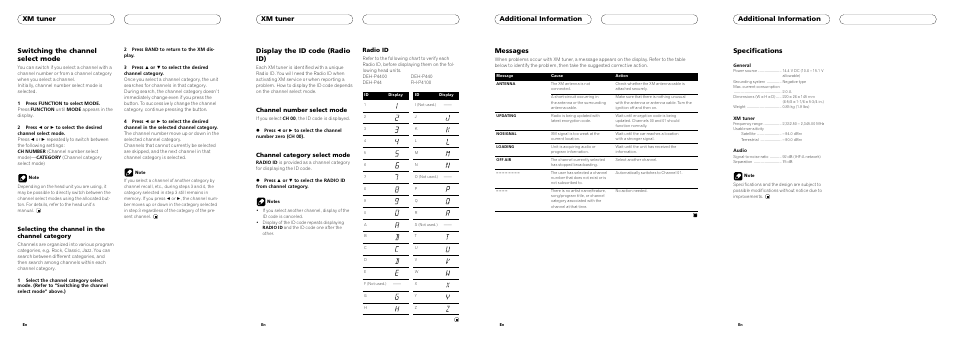 Additional information specifications, Additional information messages, Xm tuner display the id code (radio id) | Xm tuner switching the channel select mode, Channel number select mode, Channel category select mode, Radio id, Selecting the channel in the channel category | Pioneer XM SATELLITE DIGITAL TUNER GEX-P910XM User Manual | Page 4 / 4