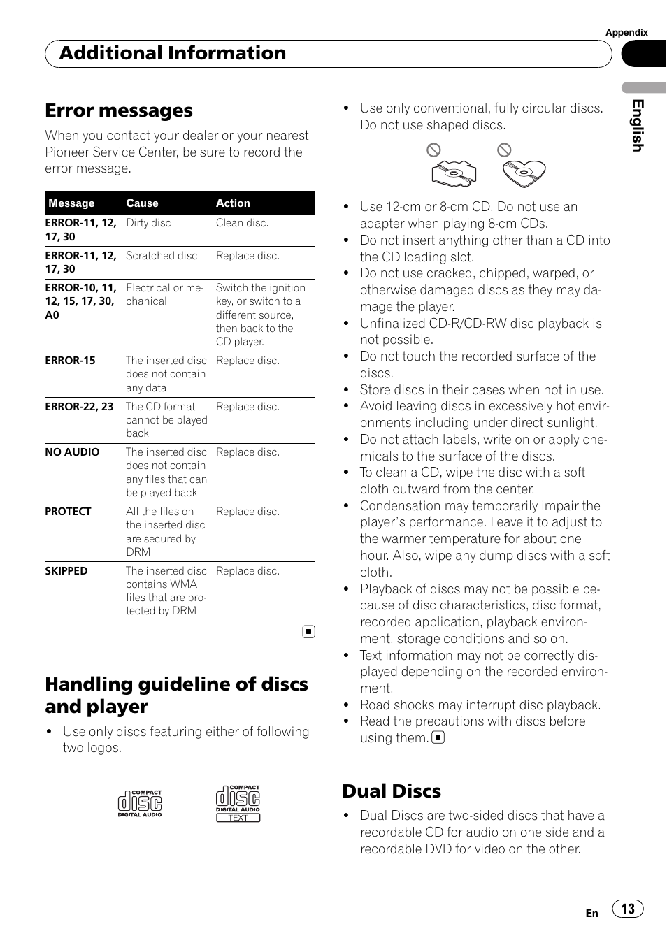 Additional information error messages, Handling guideline of discs and player, Dual discs | Error messages, Additional information | Pioneer DEH-2050MPG User Manual | Page 13 / 76