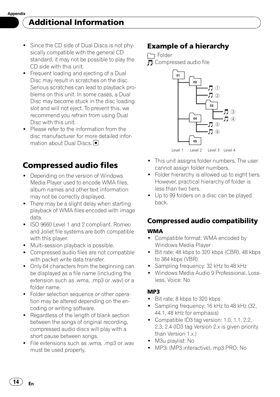 Compressed audio files, Example of a hierarchy 14, Compressed audio compatibility 14 | Additional information, Example of a hierarchy, Compressed audio compatibility | Pioneer DEH-2050MPG User Manual | Page 14 / 76