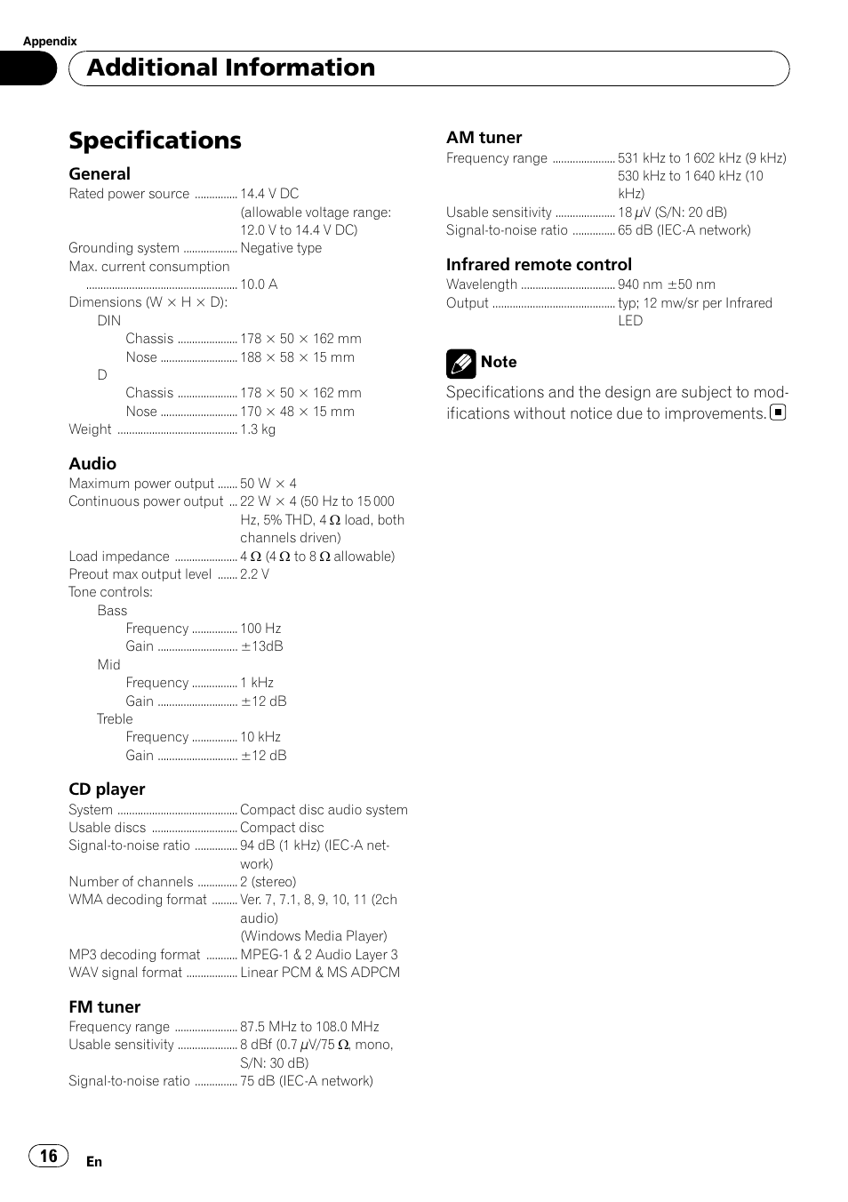 Specifications, Additional information | Pioneer DEH-2050MPG User Manual | Page 16 / 76