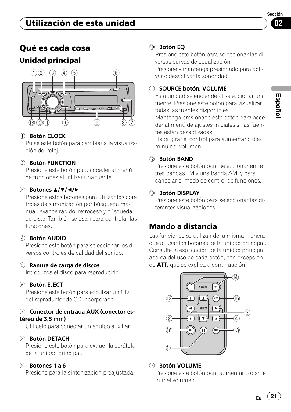 Utilización de esta unidad qué es cada cosa, Unidad principal 21, Mando a distancia 21 | Qué es cada cosa, Utilización de esta unidad | Pioneer DEH-2050MPG User Manual | Page 21 / 76