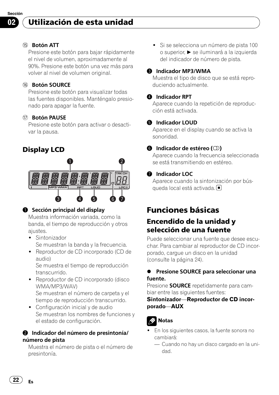 Display lcd 22, Funciones básicas, Encendido de la unidad y selección de | Una fuente, Utilización de esta unidad | Pioneer DEH-2050MPG User Manual | Page 22 / 76