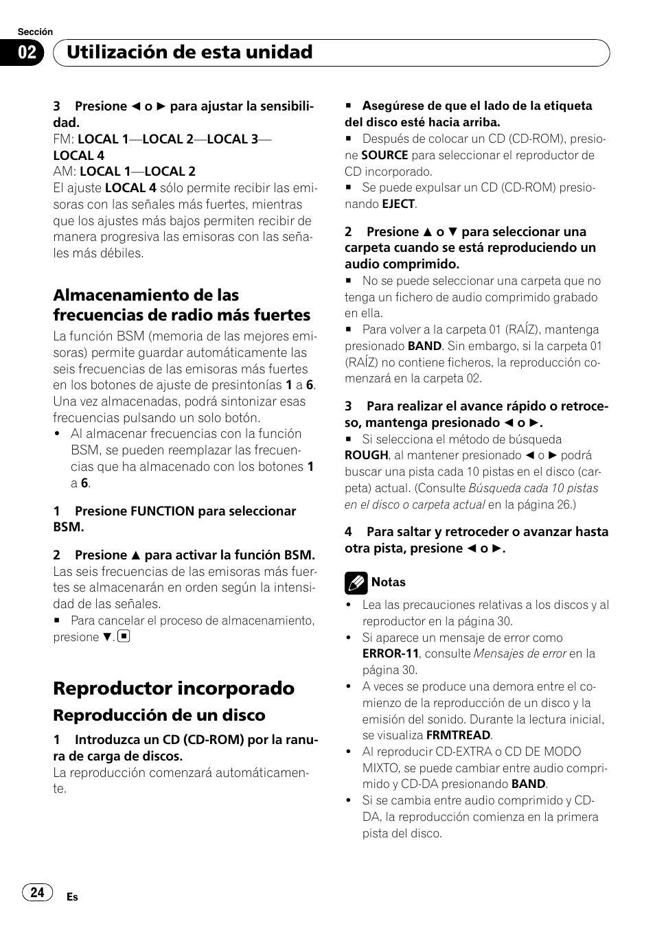 Almacenamiento de las frecuencias de, Radio más fuertes, Reproductor incorporado | Reproducción de un disco 24, Utilización de esta unidad, Reproducción de un disco | Pioneer DEH-2050MPG User Manual | Page 24 / 76