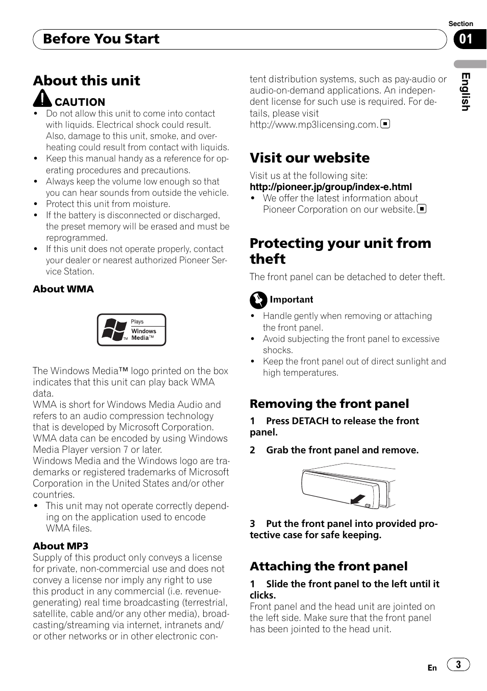 Before you start, About this unit, Visit our website | Protecting your unit from theft, Removing the front panel 3, Attaching the front panel 3, Removing the front panel, Attaching the front panel | Pioneer DEH-2050MPG User Manual | Page 3 / 76