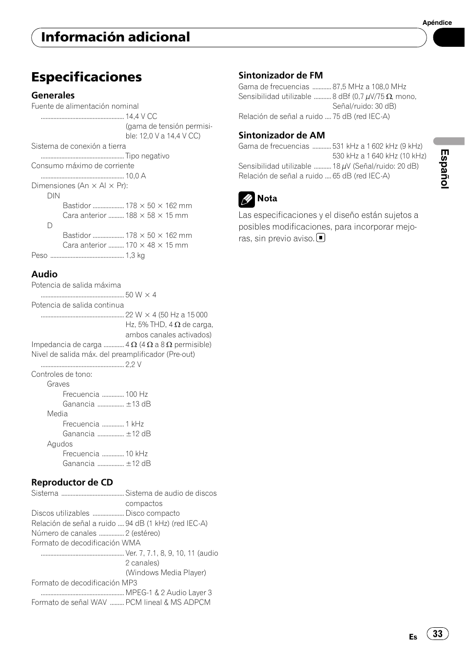 Especificaciones, Información adicional, Español | Pioneer DEH-2050MPG User Manual | Page 33 / 76