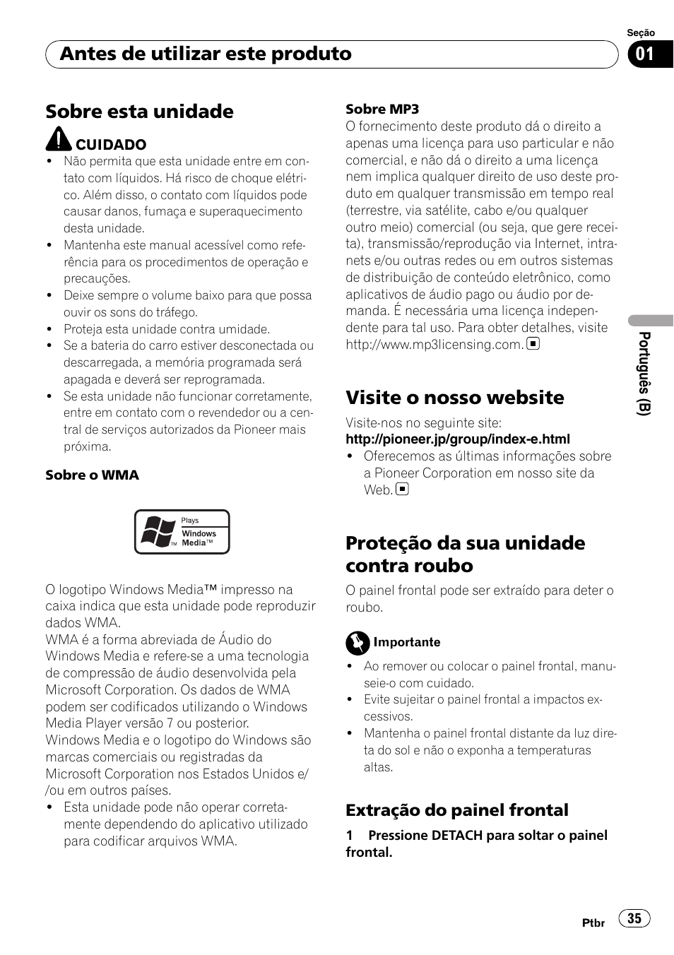 Antes de utilizar este produto, Sobre esta unidade, Visite o nosso website | Proteção da sua unidade contra roubo, Extração do painel frontal 35 | Pioneer DEH-2050MPG User Manual | Page 35 / 76