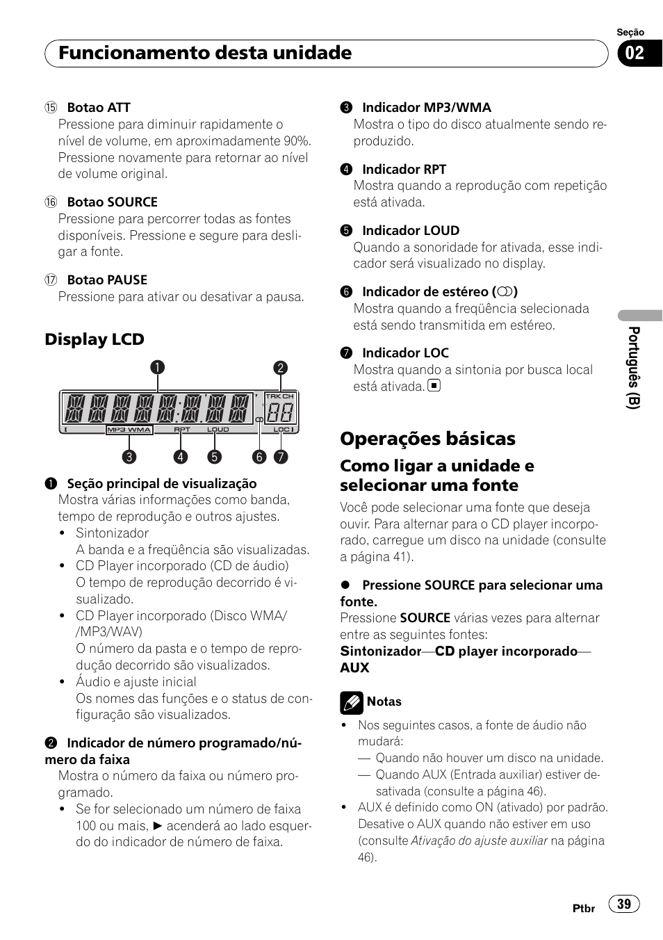 Display lcd 39, Operações básicas, Como ligar a unidade e selecionar uma | Fonte, Funcionamento desta unidade | Pioneer DEH-2050MPG User Manual | Page 39 / 76