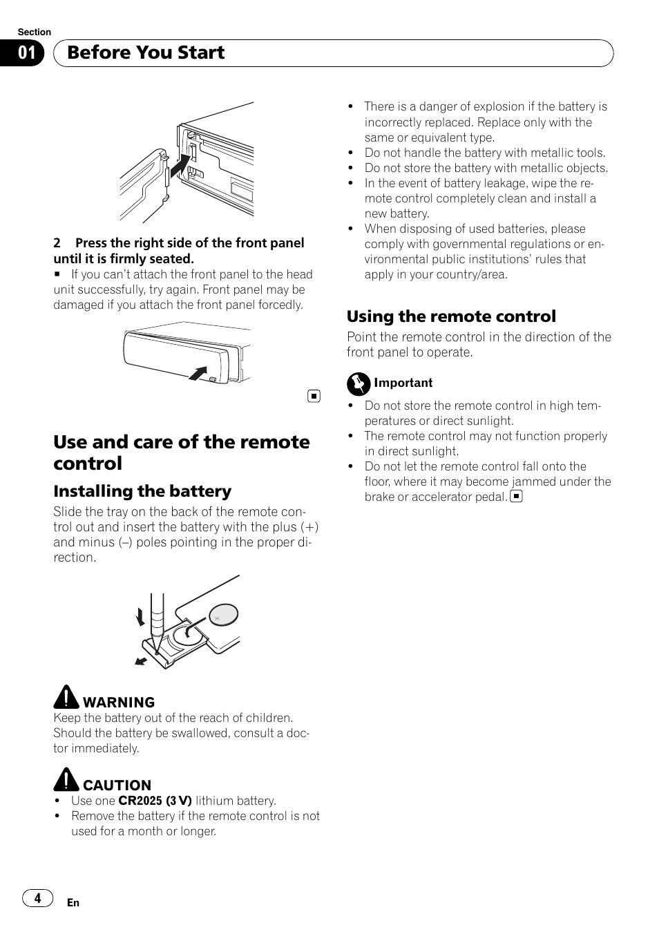 Use and care of the remote control, Installing the battery 4, Using the remote control 4 | Before you start, Installing the battery, Using the remote control | Pioneer DEH-2050MPG User Manual | Page 4 / 76