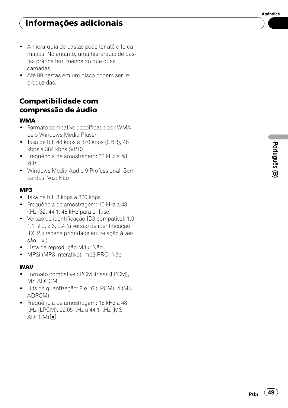Compatibilidade com compressão de, Áudio, Informações adicionais | Compatibilidade com compressão de áudio | Pioneer DEH-2050MPG User Manual | Page 49 / 76