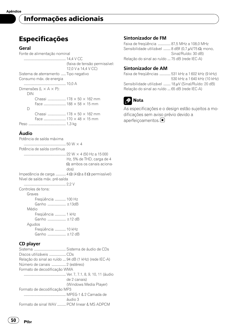 Especificações, Informações adicionais | Pioneer DEH-2050MPG User Manual | Page 50 / 76