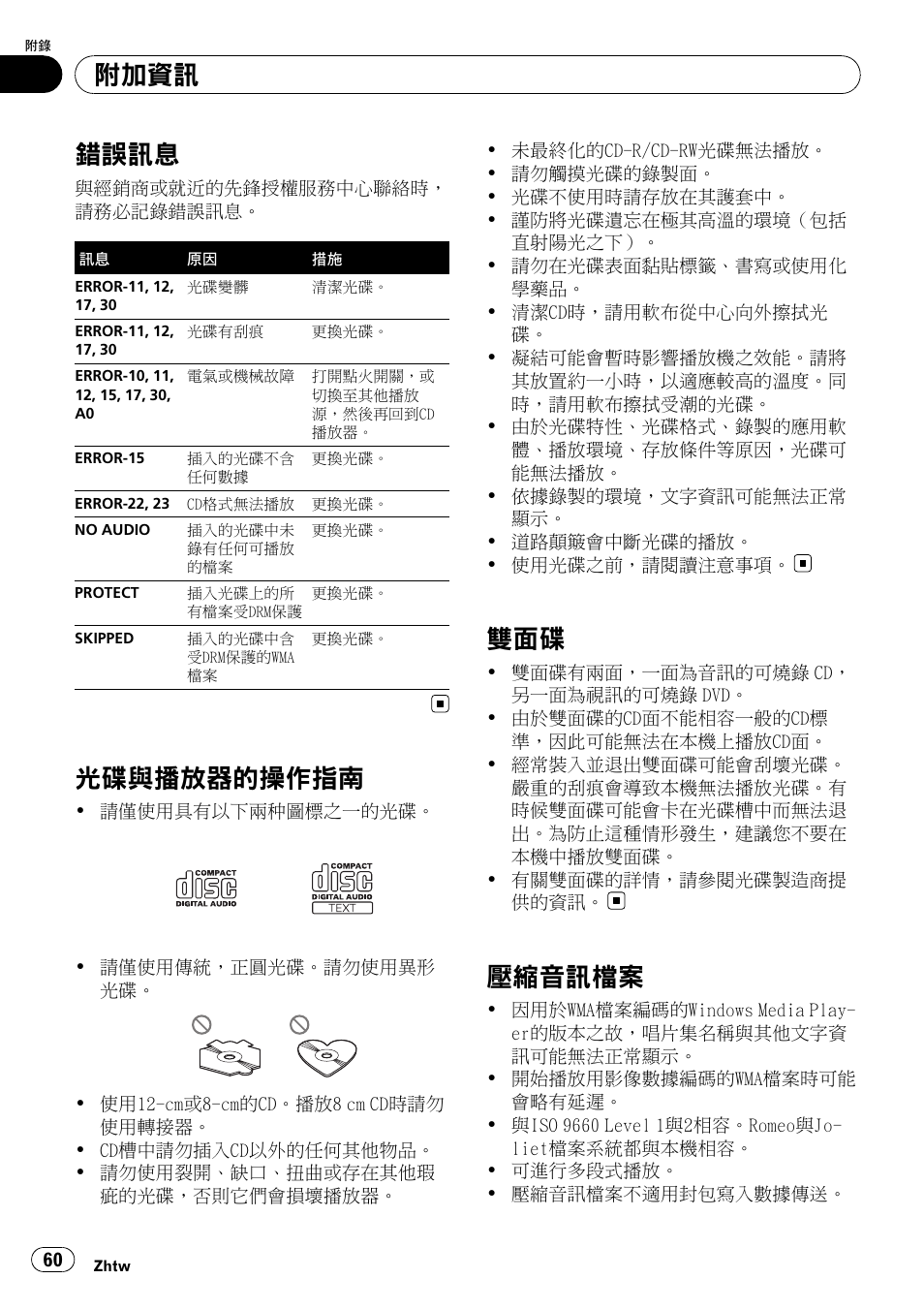 附加資訊, 錯誤訊息 60, 光碟與播放器的操作指南 60 | 雙面碟 60, 壓縮音訊檔案 60, 讀第60頁, 錯誤訊息, 第60頁, 光碟與播放器的操作指南, 壓縮音訊檔案 | Pioneer DEH-2050MPG User Manual | Page 60 / 76