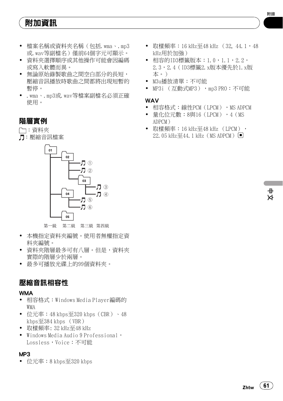 階層實例 61, 壓縮音訊相容性 61, 附加資訊 | 階層實例, 壓縮音訊相容性 | Pioneer DEH-2050MPG User Manual | Page 61 / 76