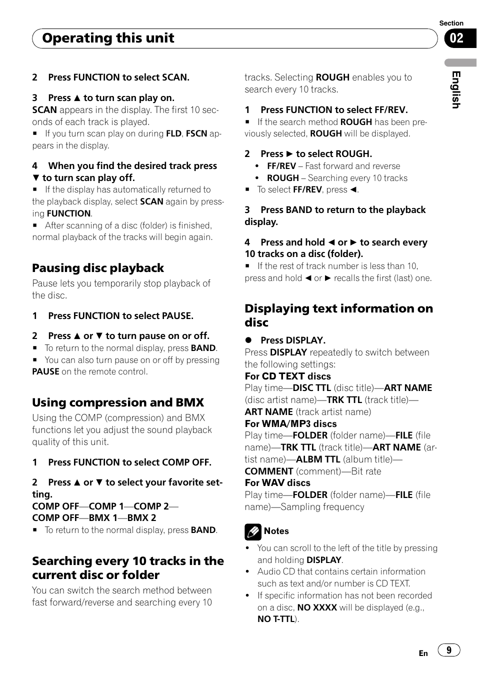 Pausing disc playback 9, Using compression and bmx 9, Searching every 10 tracks in the current | Disc or folder, Displaying text information on disc 9, Operating this unit, Pausing disc playback, Using compression and bmx, Displaying text information on disc | Pioneer DEH-2050MPG User Manual | Page 9 / 76