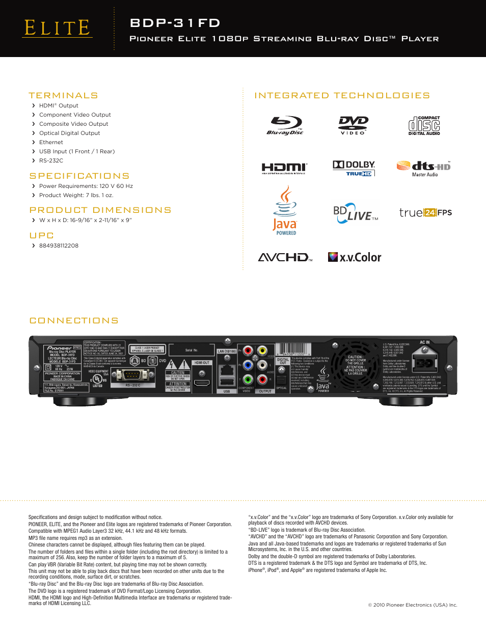 Bdp-31fd, Connections terminals, Specifications | Product dimensions, Integrated technologies, Pioneer elite 1080p streaming blu-ray disc™ player | Pioneer Elite BDP-31FD User Manual | Page 2 / 2