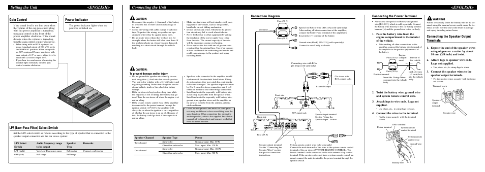 Connecting the unit <english, Setting the unit <english, Connection diagram | Gain control, Power indicator, Lpf (low-pass filter) select switch, Connecting the power terminal, Connecting the speaker output terminals | Pioneer GM-3100T User Manual | Page 2 / 8