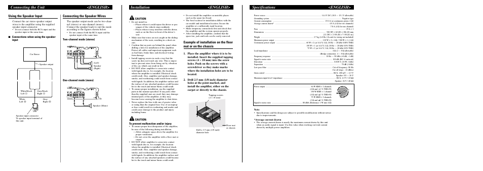 Connecting the unit <english, Specifications <english> installation <english, Using the speaker input | Connecting the speaker wires | Pioneer GM-3100T User Manual | Page 3 / 8