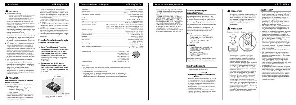 Antes de usar este producto <español, Caractéristiques techniques <français, Installation <français | Precaucion, Advertencia, Registro del producto, Servicio posventa para productos pioneer, Précaution, 7 ee.uu, 7 canadá | Pioneer GM-3100T User Manual | Page 6 / 8