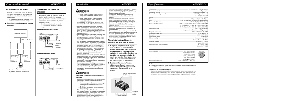 Especificaciones <español, Instalación <español, Conexión de la unidad <español | Uso de la entrada de altavoz, Conexión de los cables de altavoces | Pioneer GM-3100T User Manual | Page 8 / 8