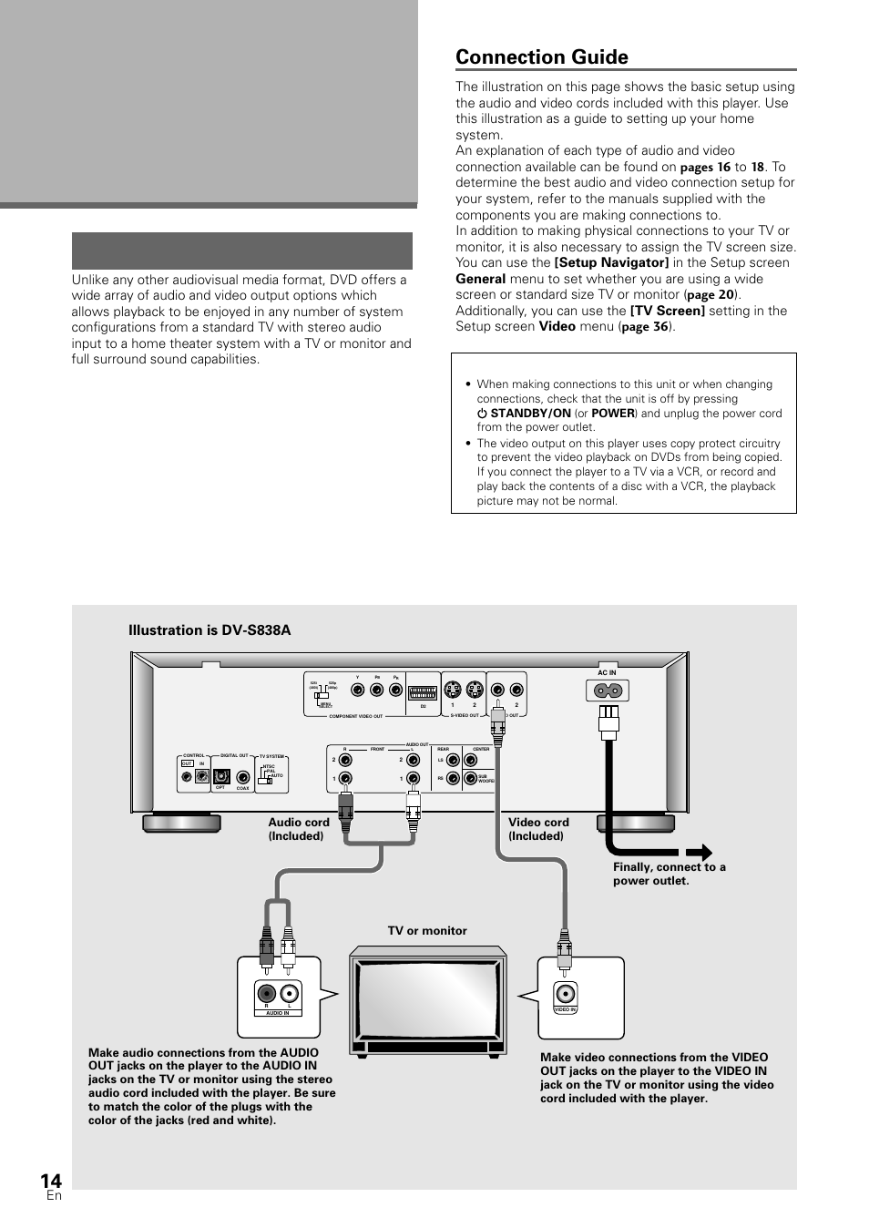 Making connections, Connecting your dvd player, Connection guide | Illustration is dv-s838a | Pioneer DV-S88A User Manual | Page 14 / 72