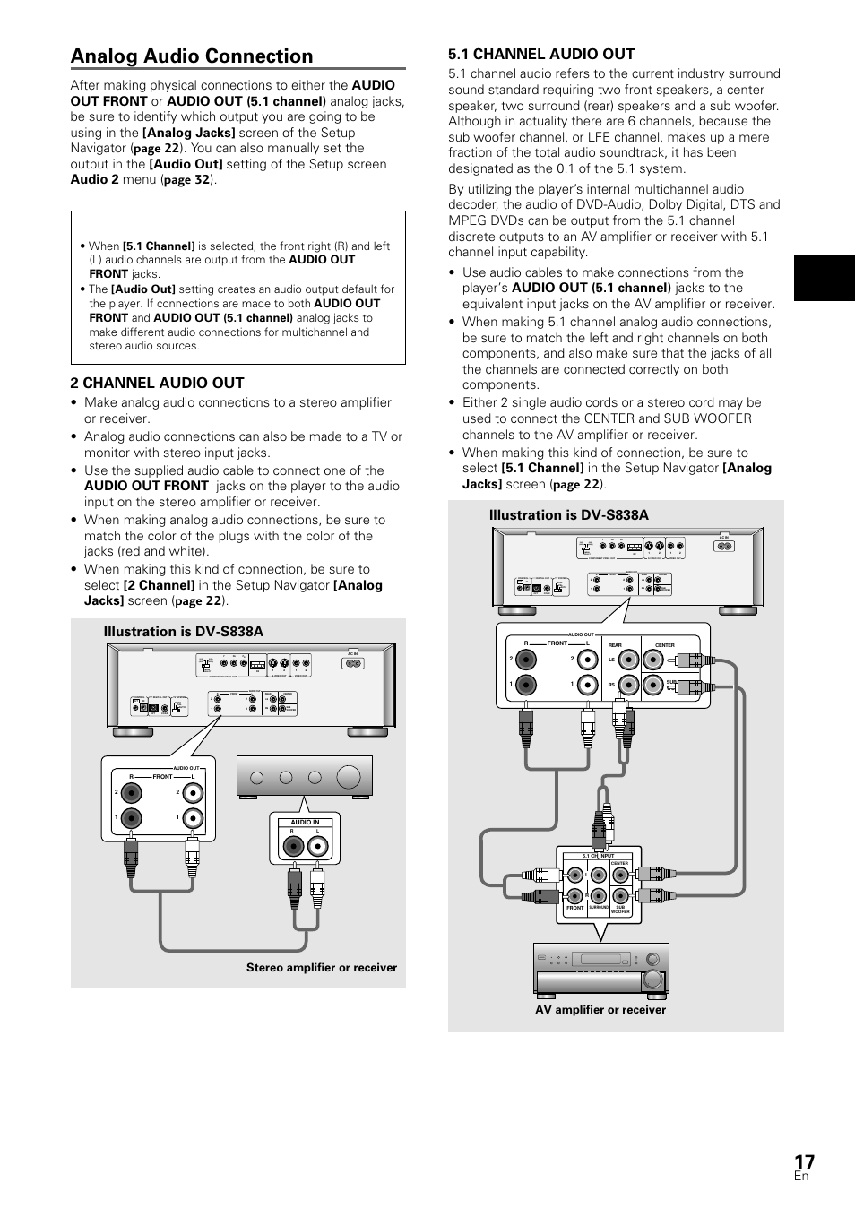 Analog audio connection, Making connections, 2 channel audio out | 1 channel audio out, Illustration is dv-s838a, Av amplifier or receiver, Stereo amplifier or receiver | Pioneer DV-S88A User Manual | Page 17 / 72
