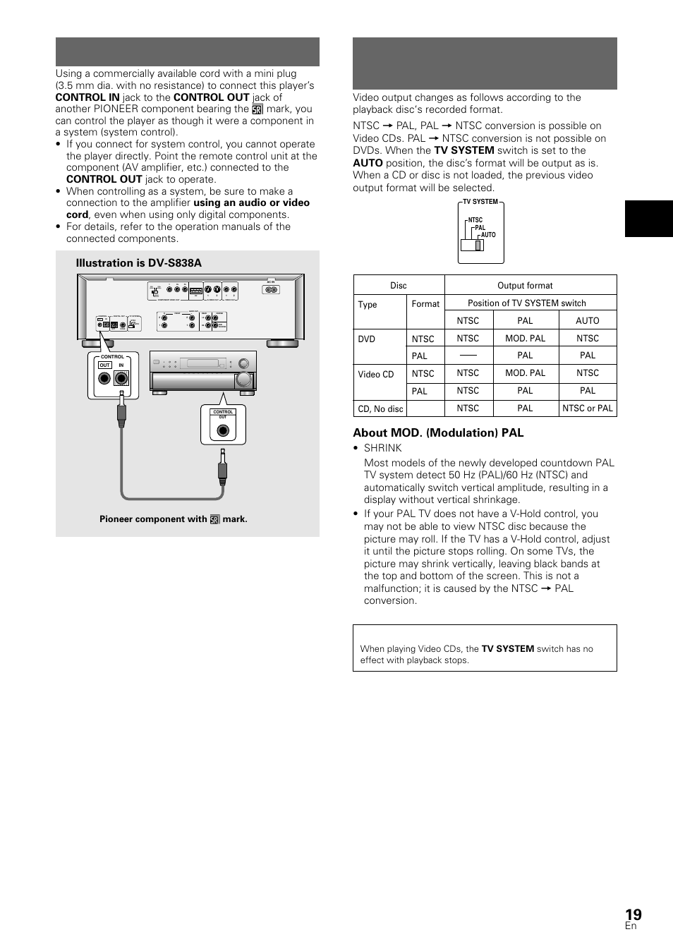 System control connections, Tv system switch (except for dv-s88a), Making connections | About mod. (modulation) pal, Illustration is dv-s838a | Pioneer DV-S88A User Manual | Page 19 / 72