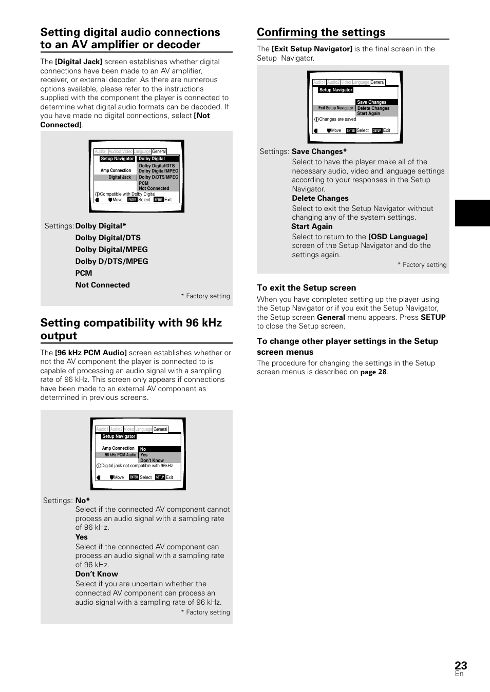 Confirming the settings, Setting compatibility with 96 khz output, Setting up the pla yer | Pioneer DV-S88A User Manual | Page 23 / 72