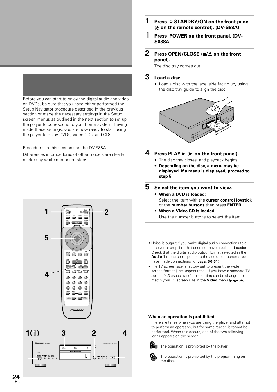 Getting started using your dvd, Player, Playing dvds, video cds and cds | Getting started using your dvd player, Dvd/video cd/cd, Press power on the front panel. (dv- s838a), Press open/close ( 7 / 0 on the front panel), Load a disc, Press play 3 ( 3 on the front panel), Select the item you want to view | Pioneer DV-S88A User Manual | Page 24 / 72