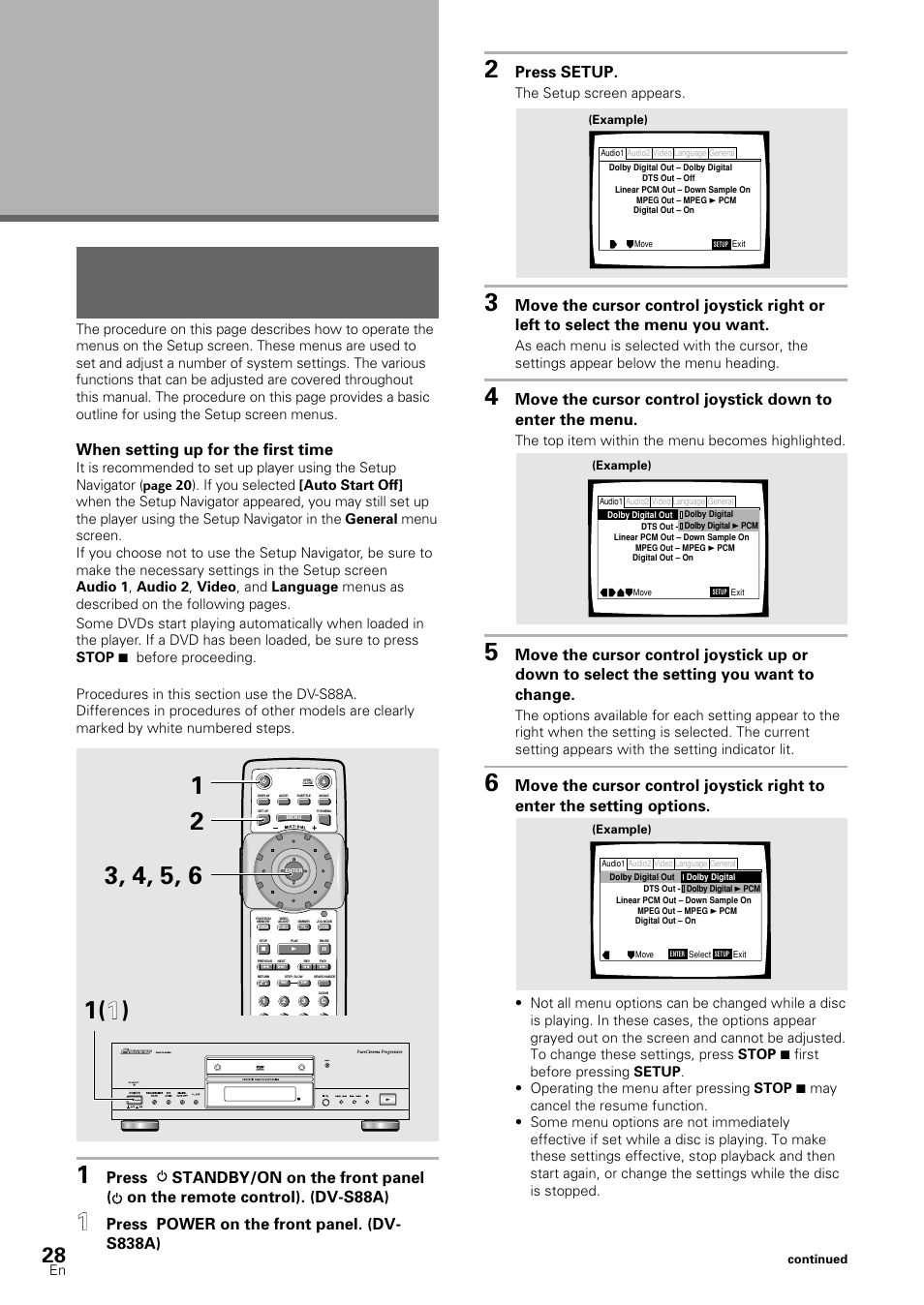 Adjusting audio and video settings, Using the setup screen menus, When setting up for the first time | Press setup, Press power on the front panel. (dv- s838a) | Pioneer DV-S88A User Manual | Page 28 / 72