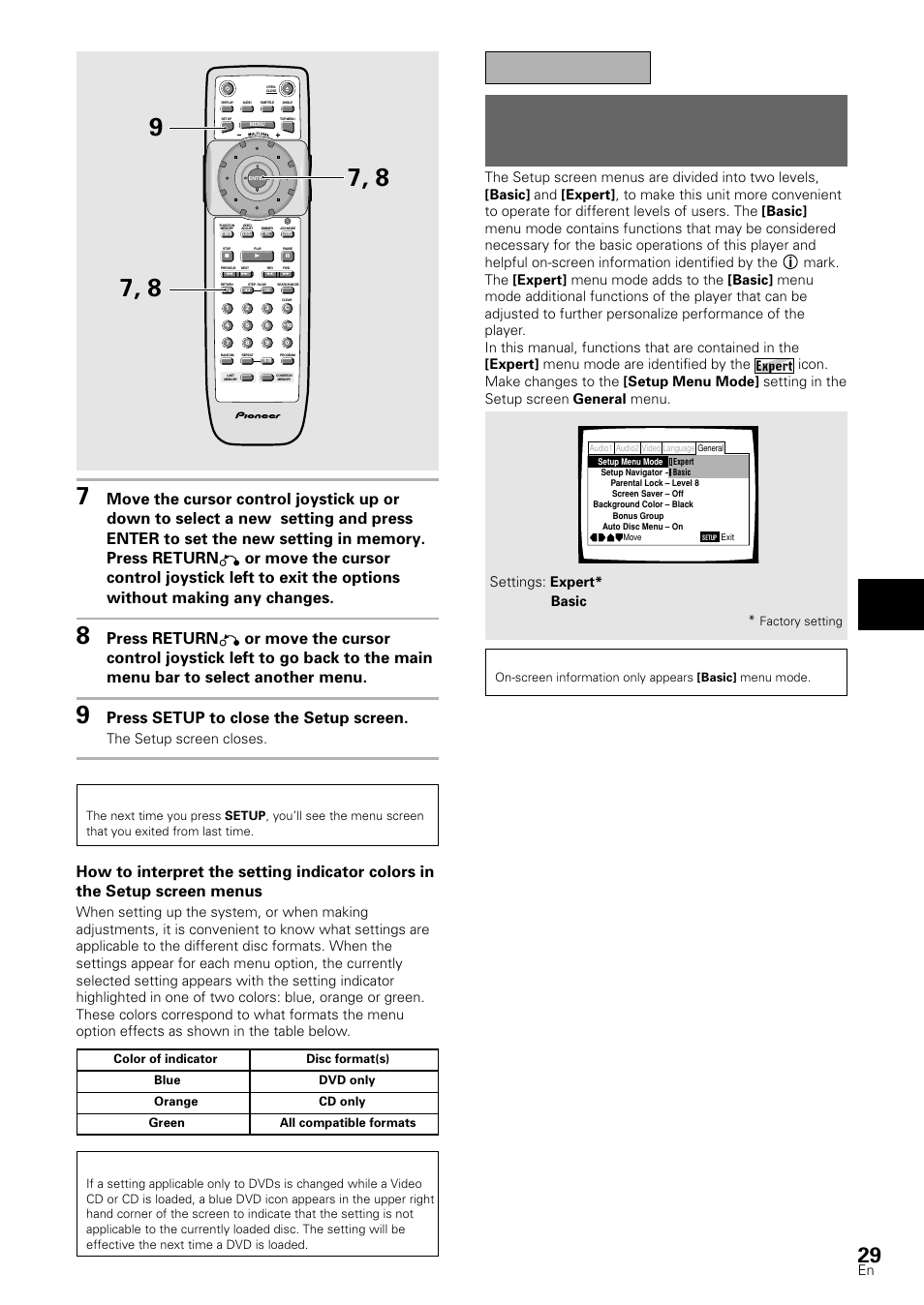 Changing to the setup menu mode, Important, Adjusting audio and video settings | Press setup to close the setup screen, Settings: expert* basic | Pioneer DV-S88A User Manual | Page 29 / 72